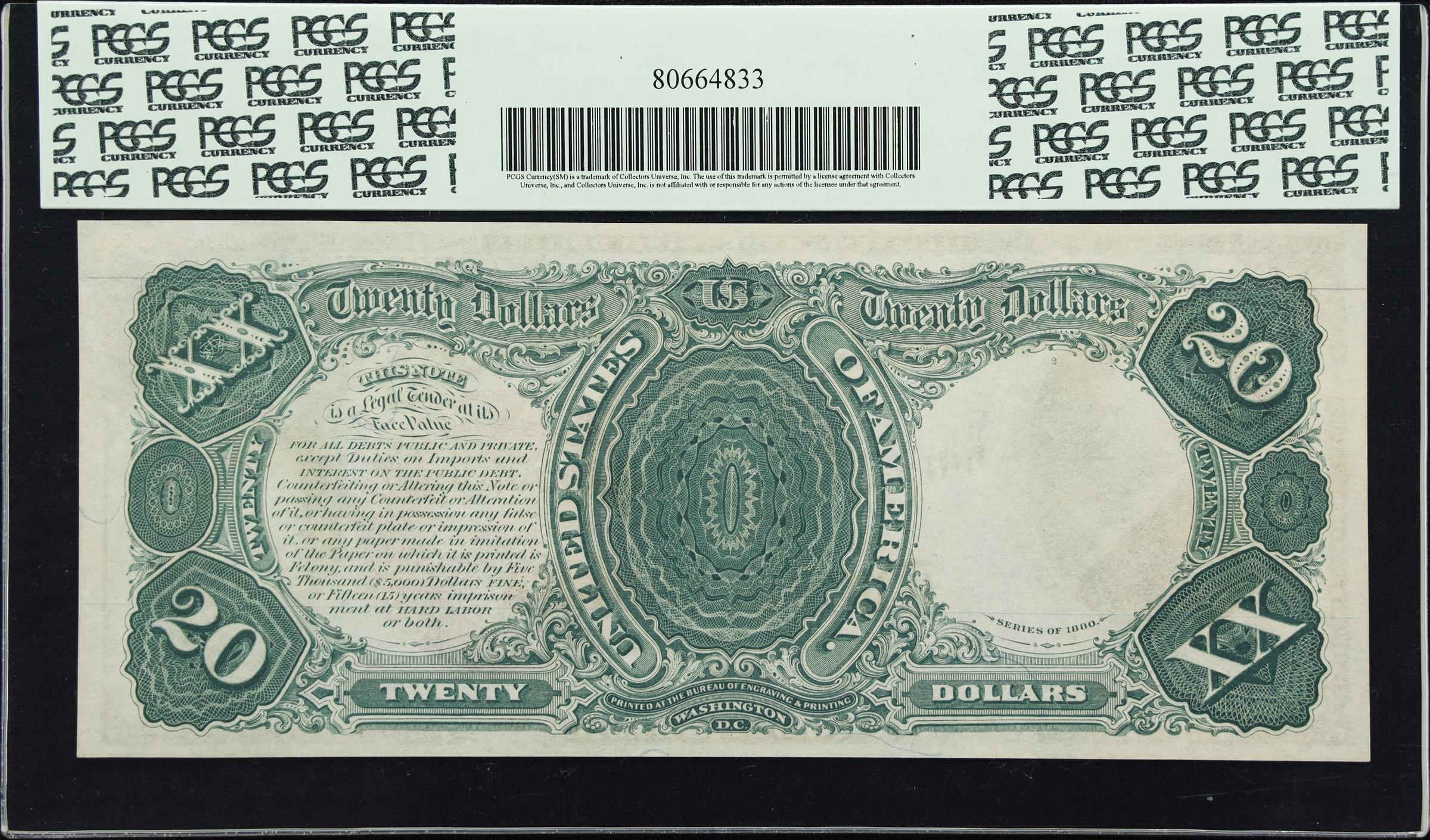 image for: Fr. 135. 1880 $20 Legal Tender Note. PCGS Currency Gem New 65 PPQ.