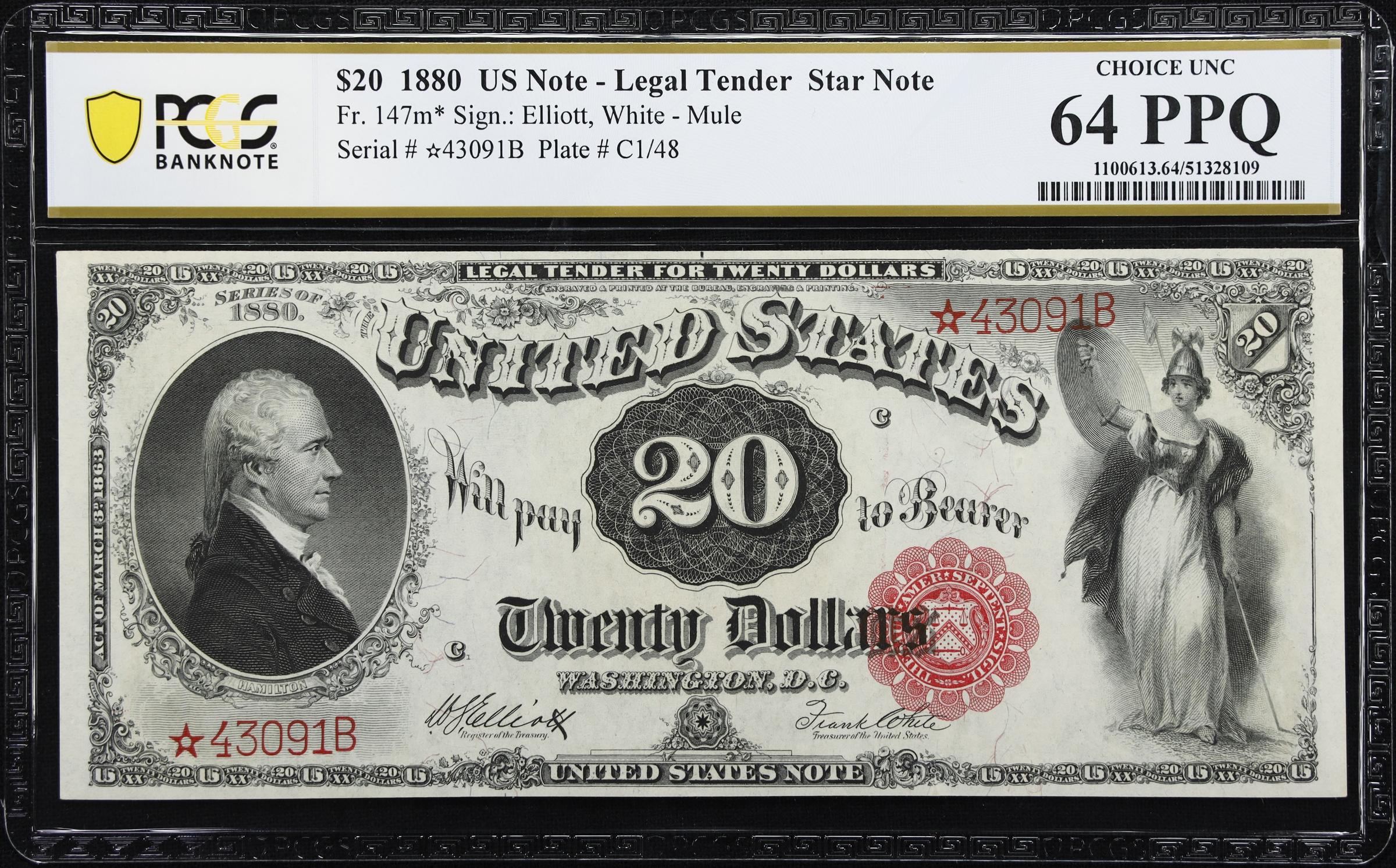 image for: Fr. 147m*. 1880 $20 Legal Tender Star Note. Mule. PCGS Banknote Choice Uncirculated 64 PPQ.