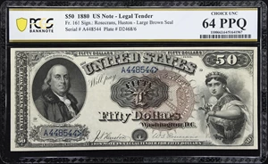 image for: Fr. 161. 1880 $50 Legal Tender Note. PCGS Banknote Choice Uncirculated 64 PPQ.
