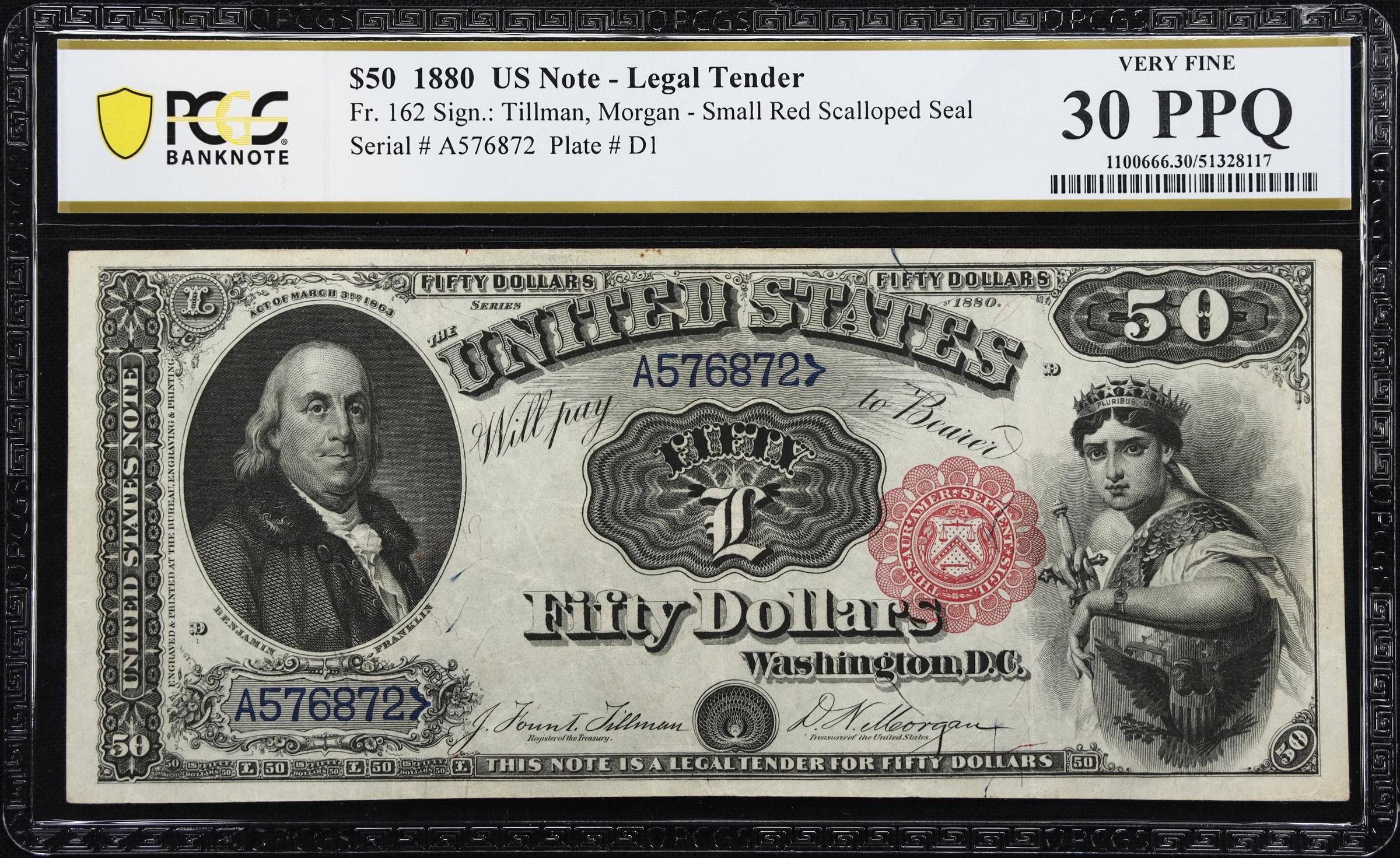 image for: Fr. 162. 1880 $50 Legal Tender Note. PCGS Banknote Very Fine 30 PPQ.