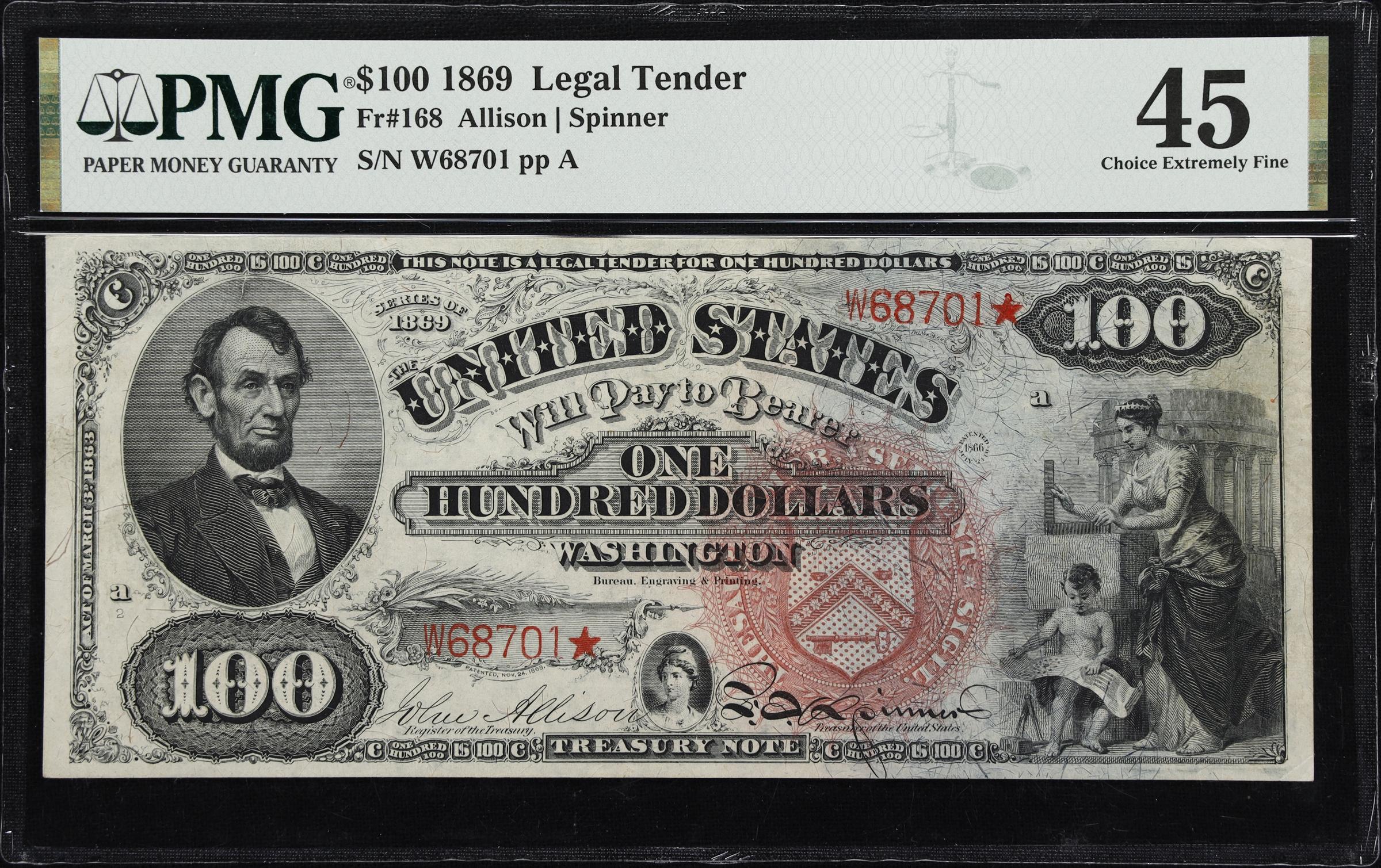 image for: Fr. 168. 1869 $100 Legal Tender Note. PMG Choice Extremely Fine 45.