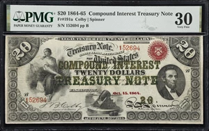 image for: Fr. 191a. 1864-65 $20 Compound Interest Treasury Note. PMG Very Fine 30.