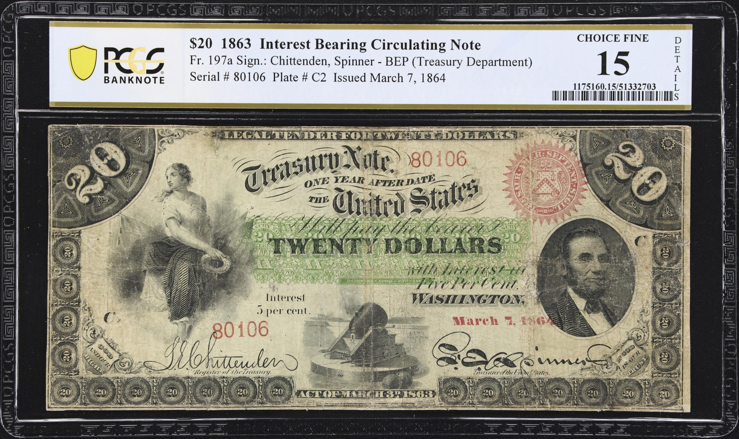image for: Fr. 197a. 1863 $20 Interest Bearing Note. PCGS Banknote Choice Fine 15 Details. Edge and Internal Repairs, Small Edge Splits.