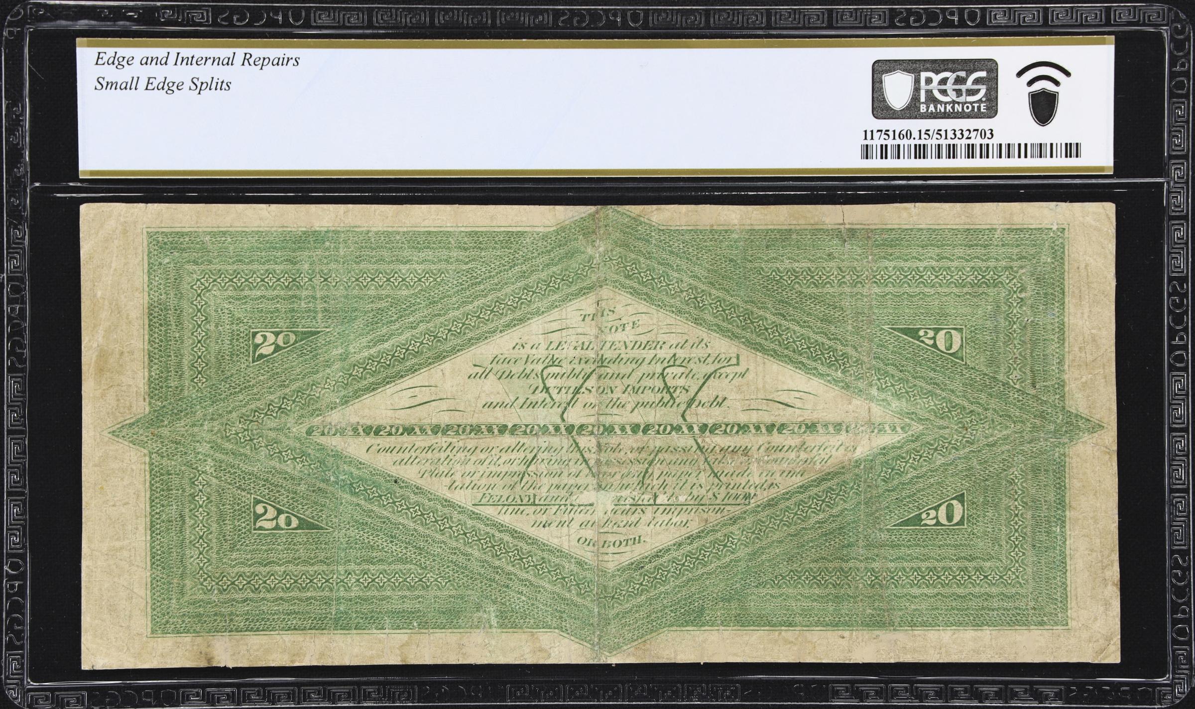 image for: Fr. 197a. 1863 $20 Interest Bearing Note. PCGS Banknote Choice Fine 15 Details. Edge and Internal Repairs, Small Edge Splits.