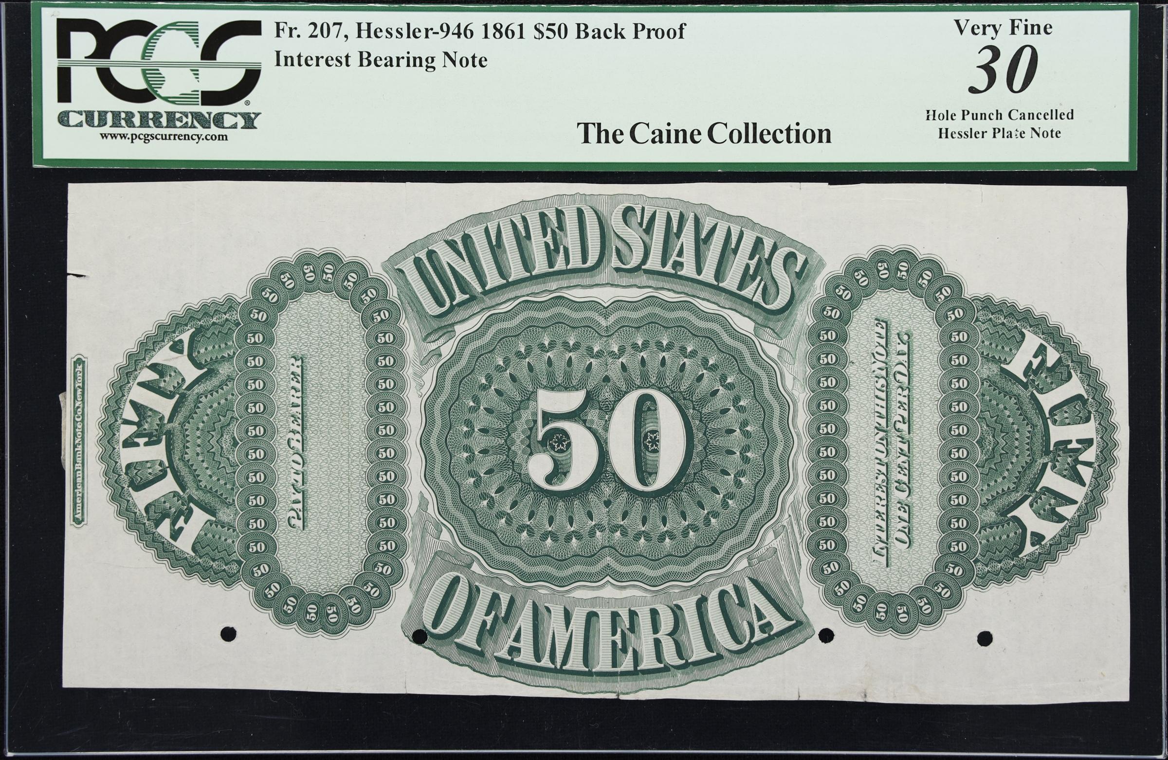 image for: Fr. 207. 1861 $50 Interest Bearing Note. PCGS Currency Very Fine 30. Back Proof.