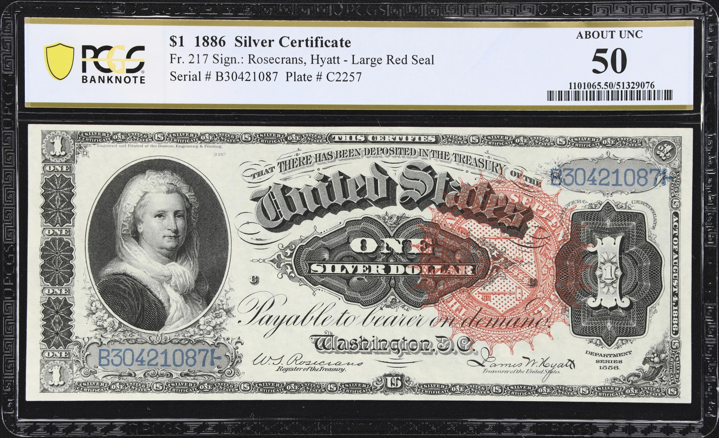 image for: Fr. 217. 1886 $1 Silver Certificate. PCGS Banknote About Uncirculated 50.