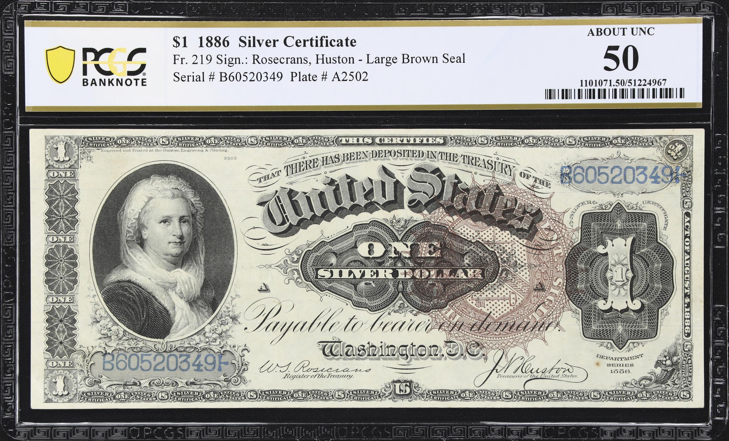 image for: Fr. 219. 1886 $1 Silver Certificate. PCGS Banknote About Uncirculated 50.