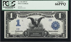 image for: Fr. 230. 1899 $1 Silver Certificate. PCGS Currency Gem New 66 PPQ. Serial Number 2.