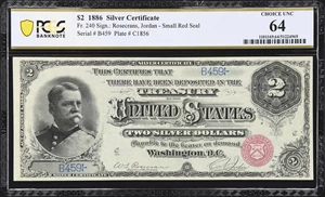 image for: Fr. 240. 1886 $2 Silver Certificate. PCGS Banknote Choice Uncirculated 64.