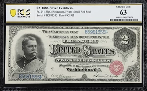 image for: Fr. 241. 1886 $2 Silver Certificate. PCGS Banknote Choice Uncirculated 63.