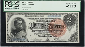 image for: Fr. 243. 1886 $2 Silver Certificate. PCGS Currency Superb Gem New 67 PPQ.