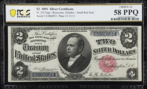 image for: Fr. 245. 1891 $2 Silver Certificate. PCGS Banknote Choice About Uncirculated 58 PPQ.