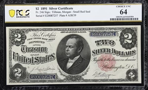 image for: Fr. 246. 1891 $2 Silver Certificate. PCGS Banknote Choice Uncirculated 64.