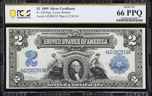 image for: Fr. 249. 1899 $2 Silver Certificate. PCGS Banknote Gem Uncirculated 66 PPQ.