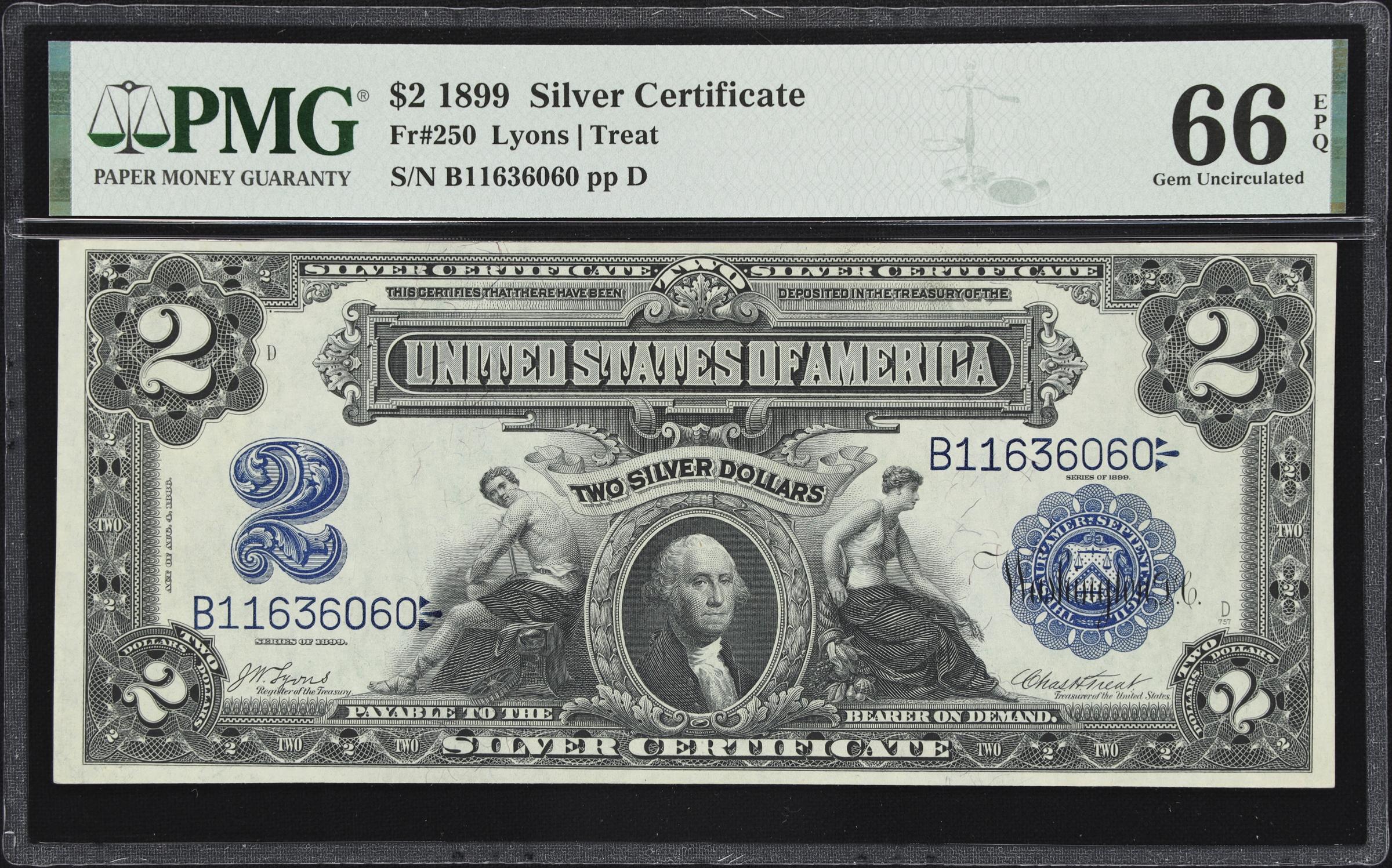 image for: Fr. 250. 1899 $2 Silver Certificate. PMG Gem Uncirculated 66 EPQ.
