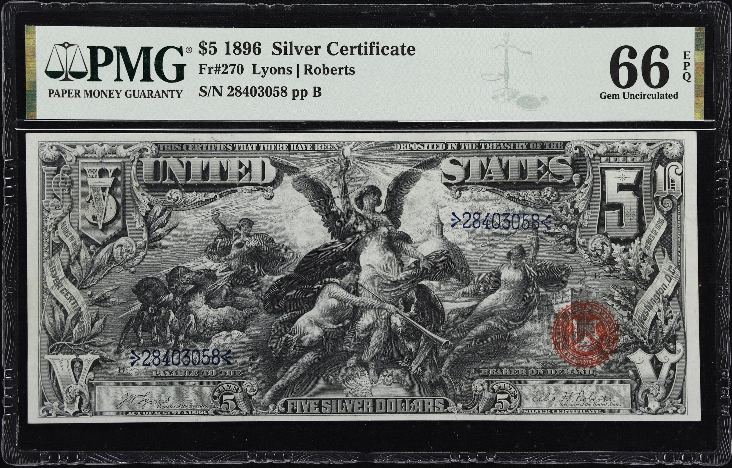 image for: Fr. 270. 1896 $5 Silver Certificate. PMG Gem Uncirculated 66 EPQ.