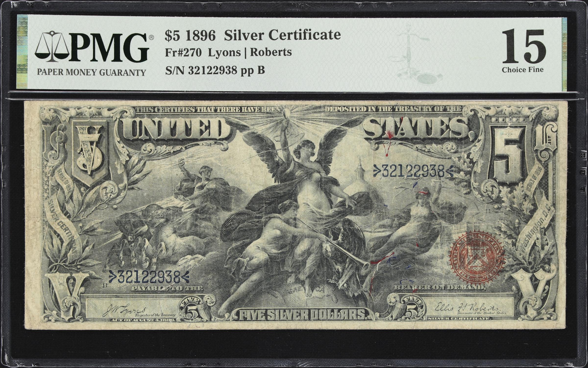 image for: Fr. 270. 1896 $5 Silver Certificate. PMG Choice Fine 15.