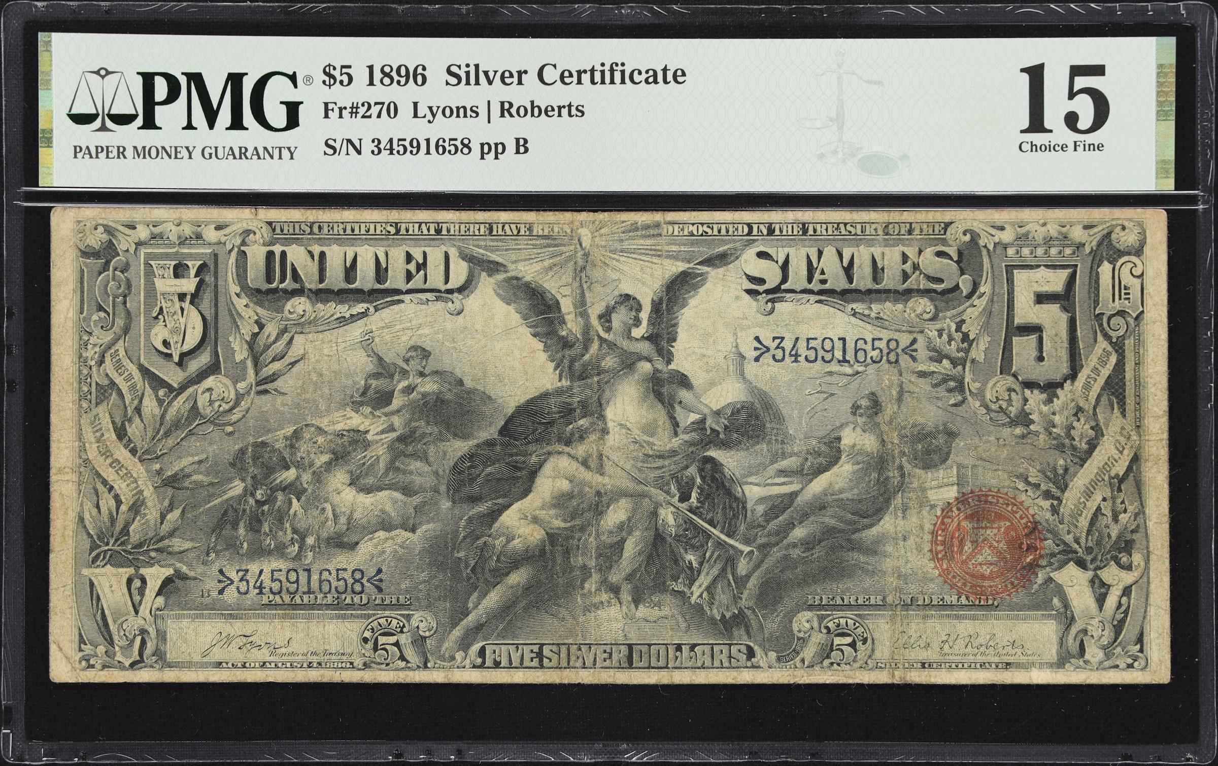 image for: Fr. 270. 1896 $5 Silver Certificate. PMG Choice Fine 15.