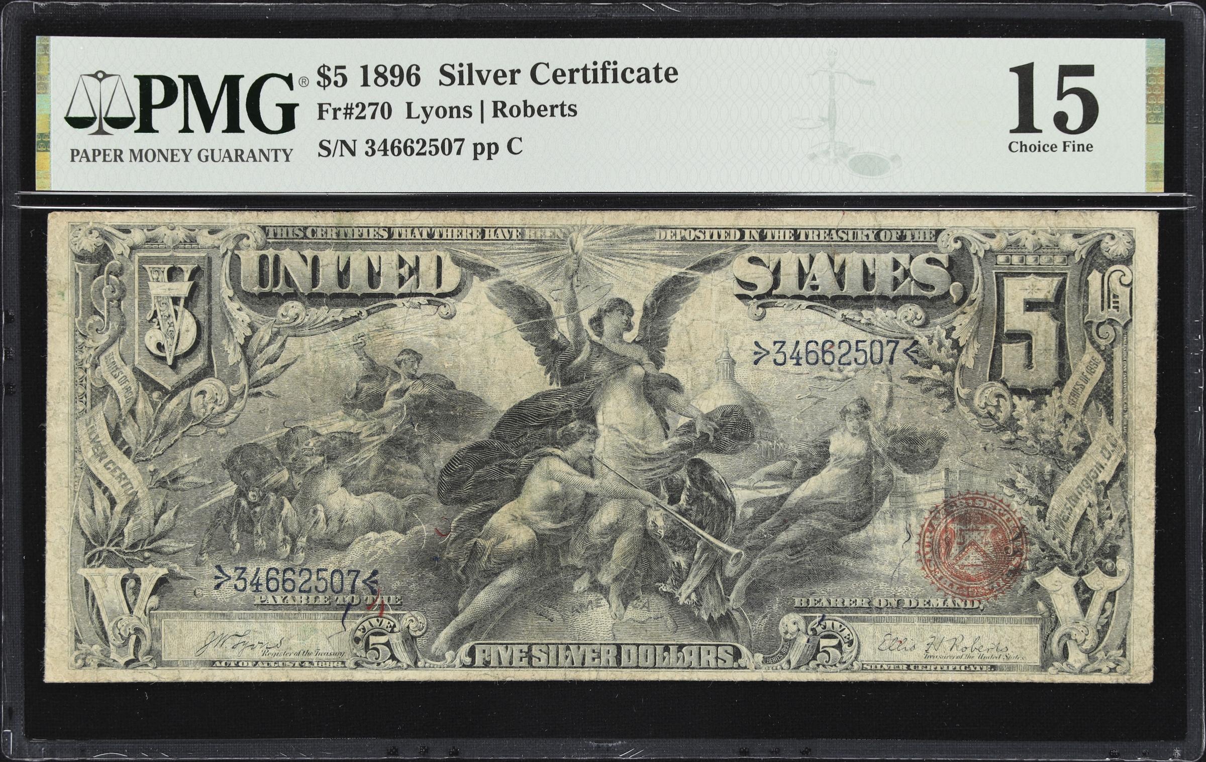 image for: Fr. 270. 1896 $5 Silver Certificate. PMG Choice Fine 15.