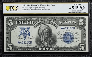 image for: Fr. 275*. 1899 $5 Silver Certificate Star Note. PCGS Banknote Choice Extremely Fine 45 PPQ.