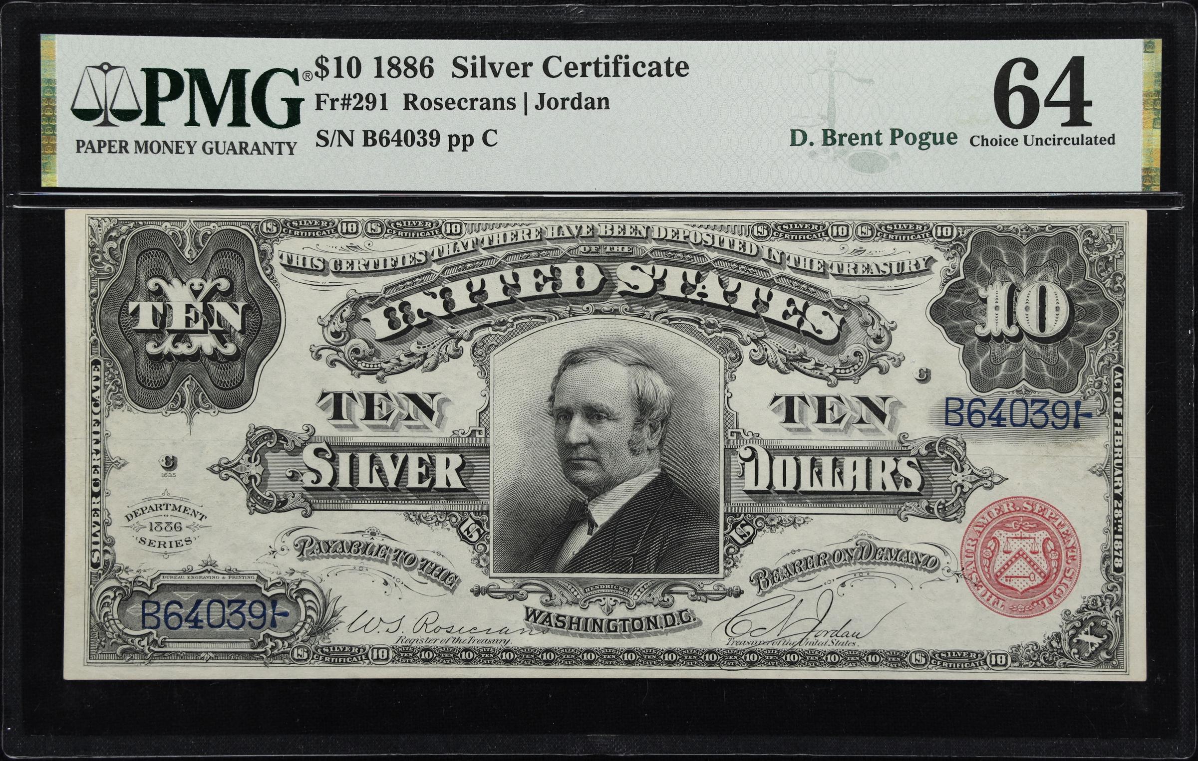image for: Fr. 291. 1886 $10 Silver Certificate. PMG Choice Uncirculated 64.