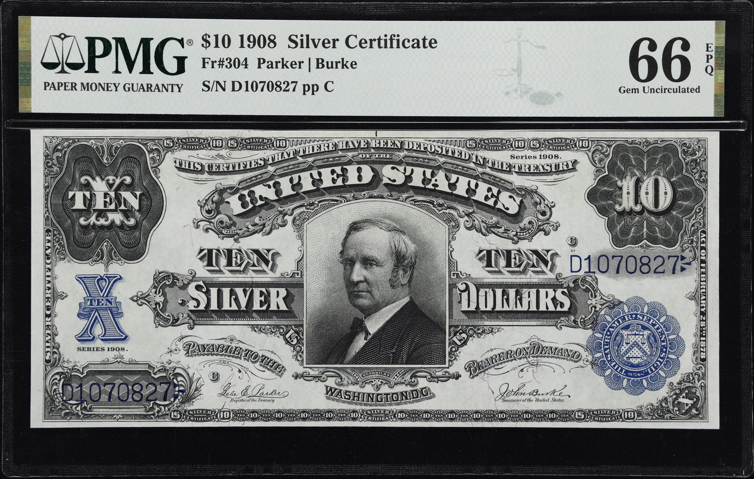 image for: Fr. 304. 1908 $10 Silver Certificate. PMG Gem Uncirculated 66 EPQ.
