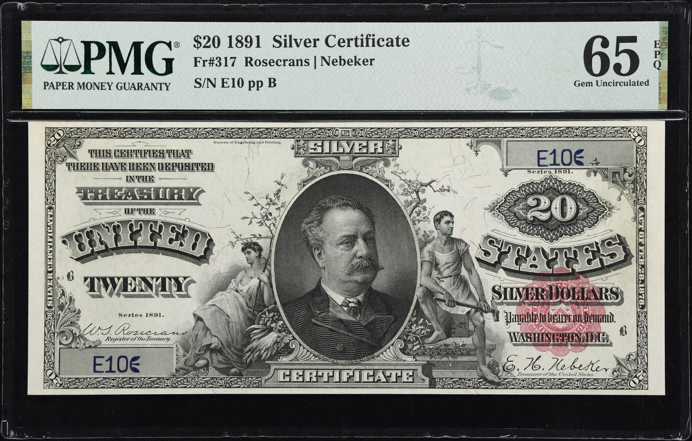 image for: Fr. 317. 1891 $20 Silver Certificate. PMG Gem Uncirculated 65 EPQ. Serial Number 10.