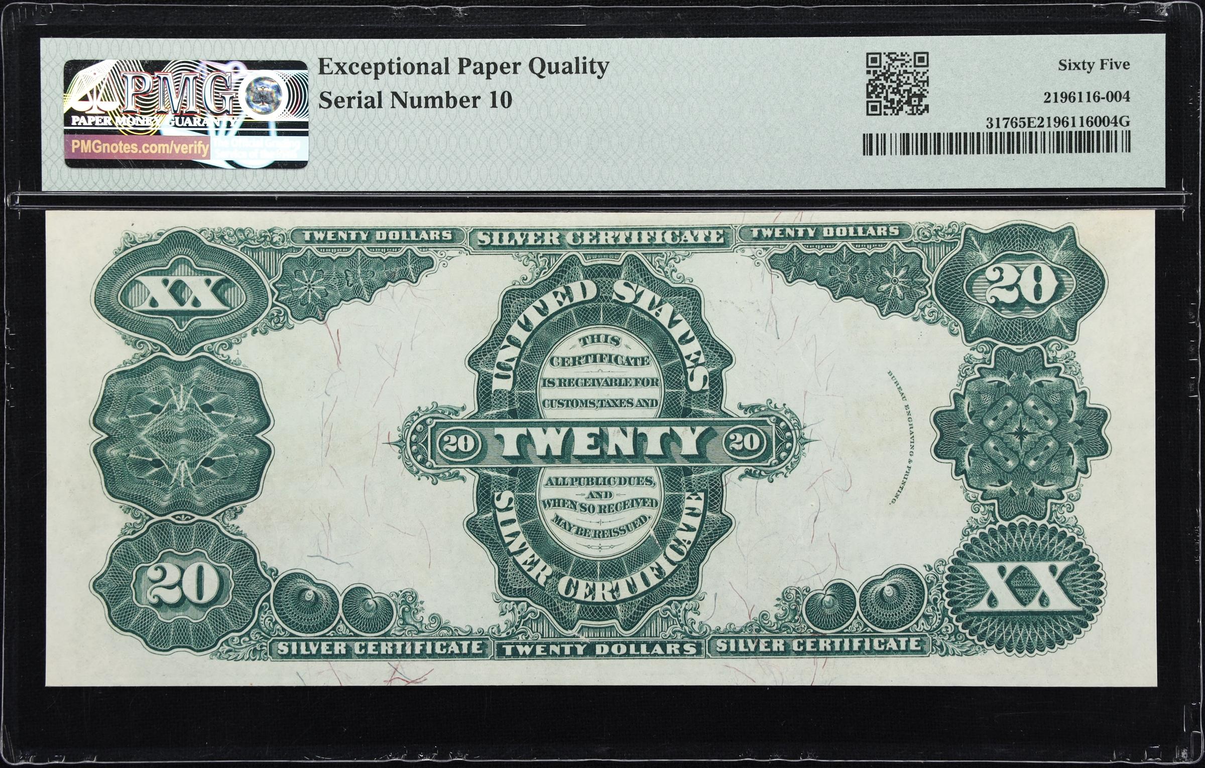 image for: Fr. 317. 1891 $20 Silver Certificate. PMG Gem Uncirculated 65 EPQ. Serial Number 10.