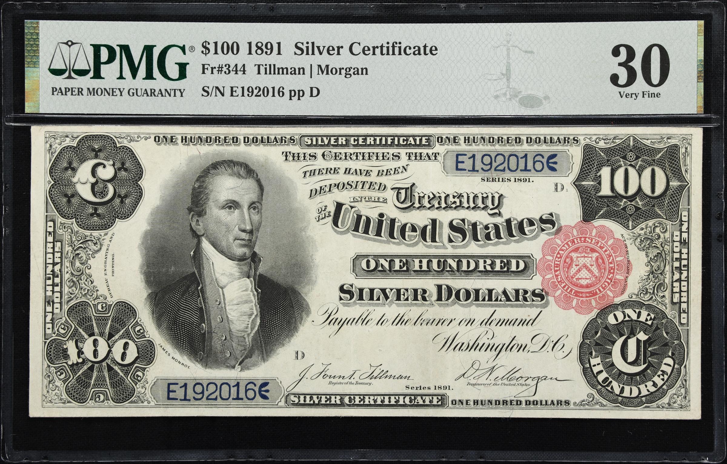 image for: Fr. 344. 1891 $100 Silver Certificate. PMG Very Fine 30.