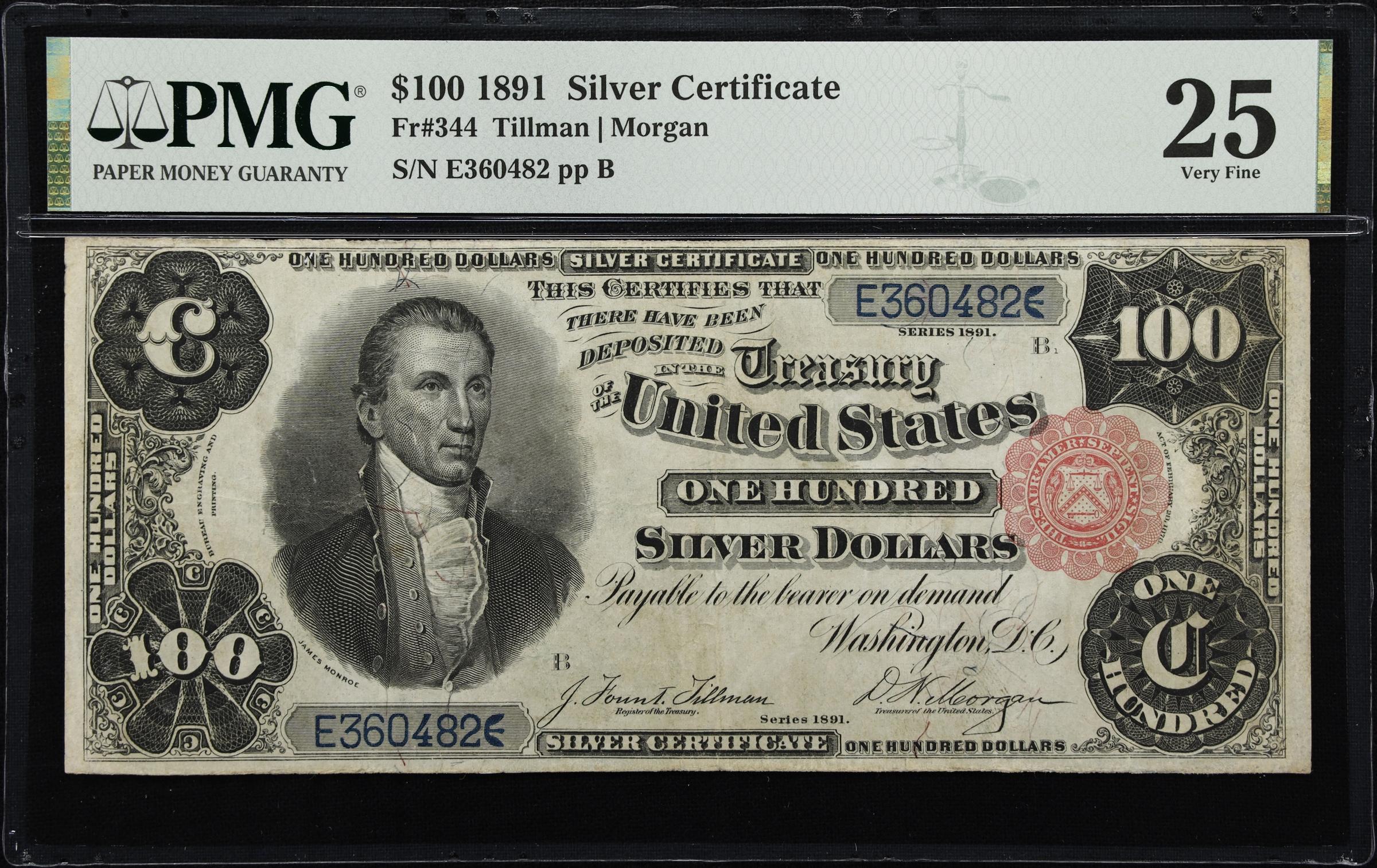 image for: Fr. 344. 1891 $100 Silver Certificate. PMG Very Fine 25.