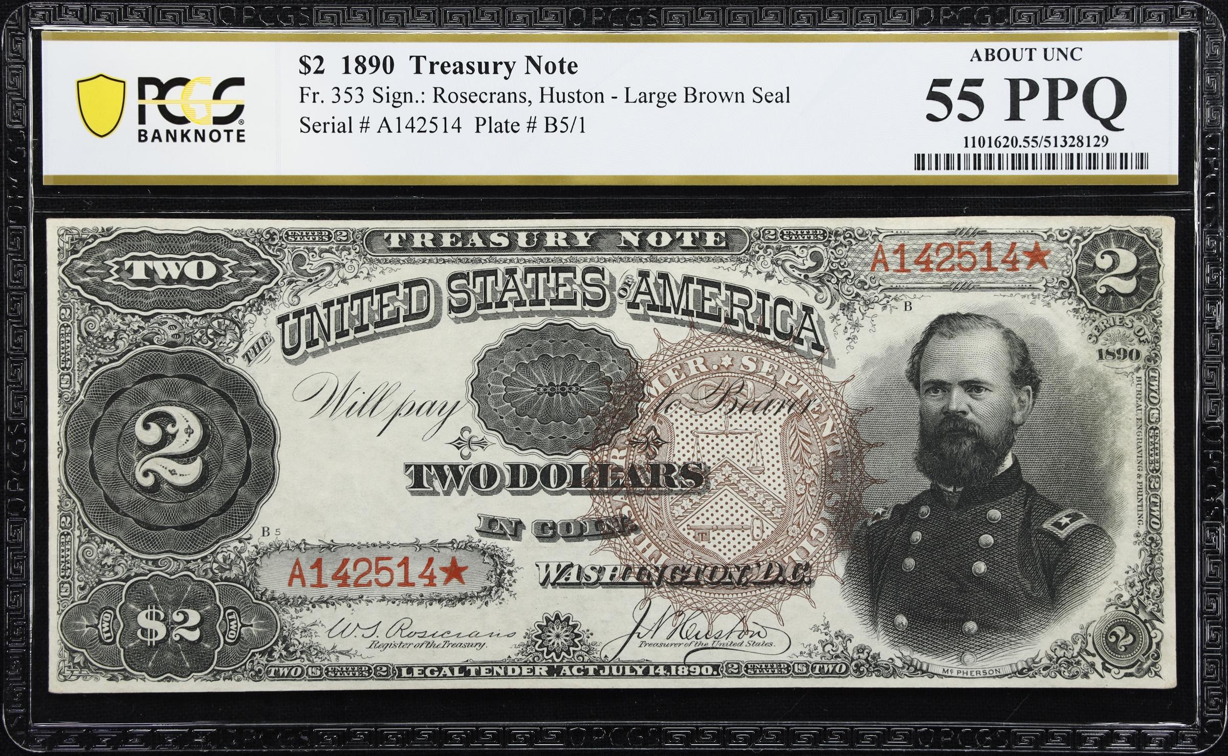 image for: Fr. 353. 1890 $2 Treasury Note. PCGS Banknote About Uncirculated 55 PPQ.