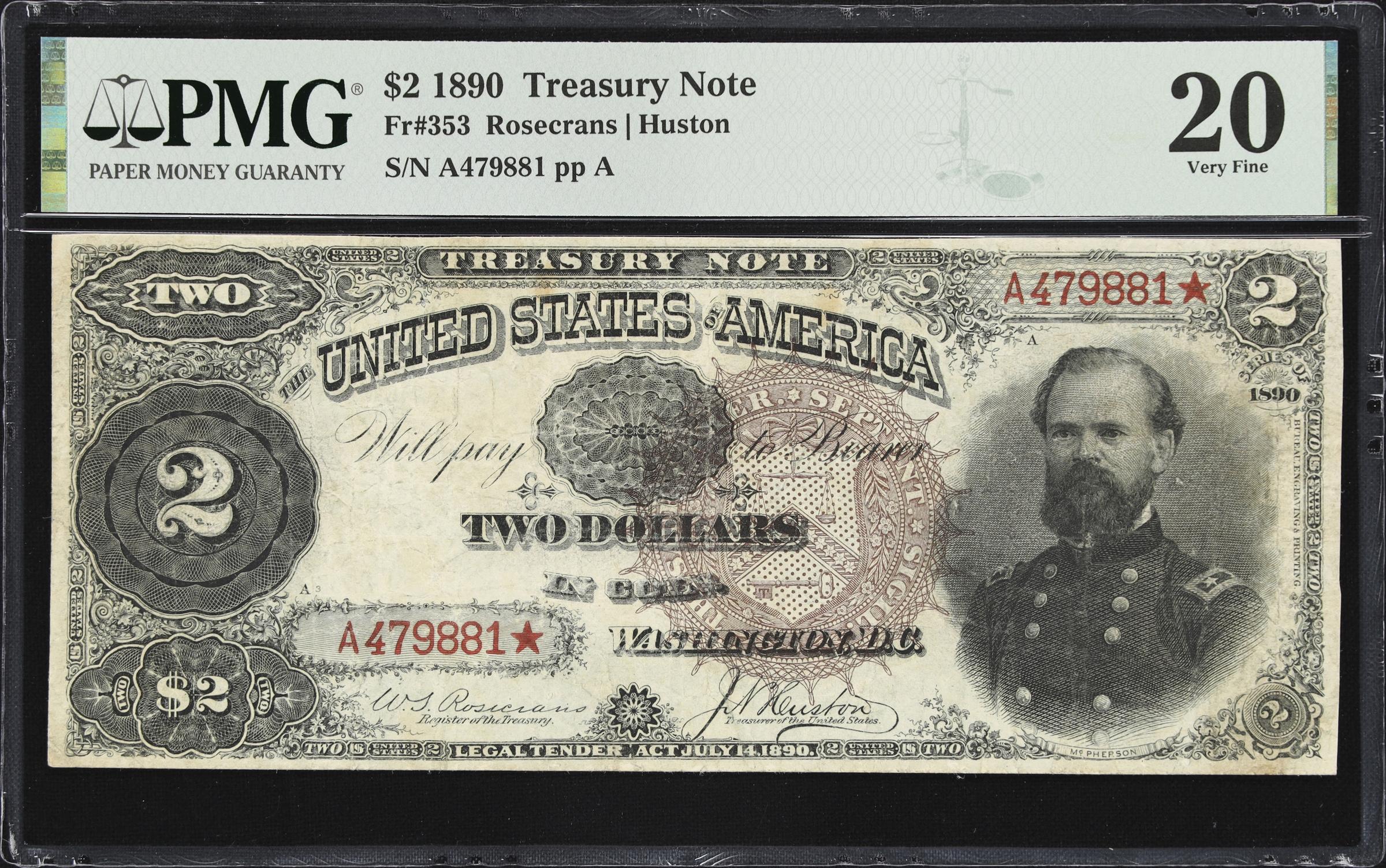 image for: Fr. 353. 1890 $2 Treasury Note. PMG Very Fine 20.