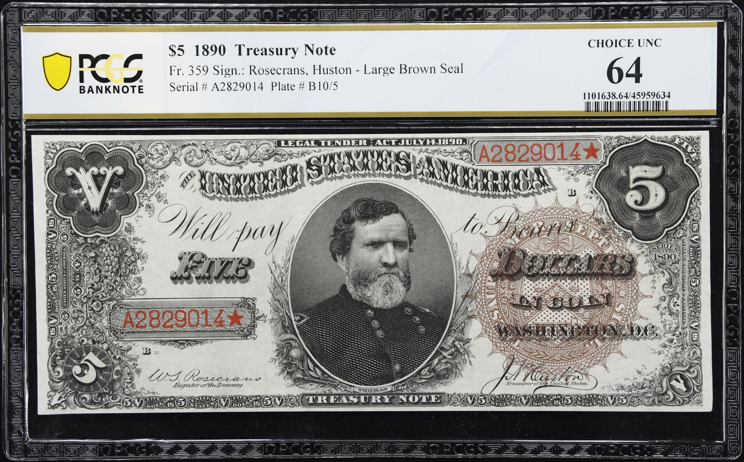 image for: Fr. 359. 1890 $5 Treasury Note. PCGS Banknote Choice Uncirculated 64.