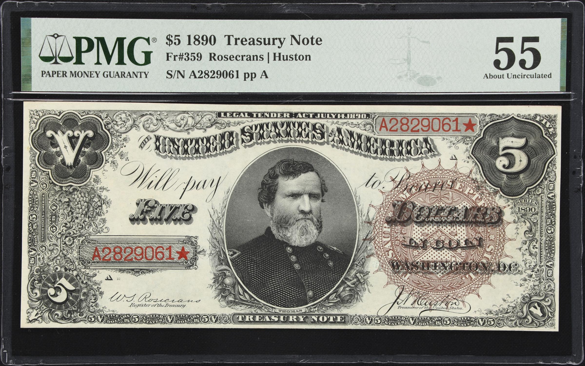image for: Fr. 359. 1890 $5 Treasury Note. PMG About Uncirculated 55.
