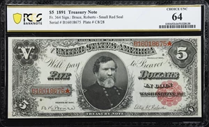 image for: Fr. 364. 1891 $5 Treasury Note. PCGS Banknote Choice Uncirculated 64.