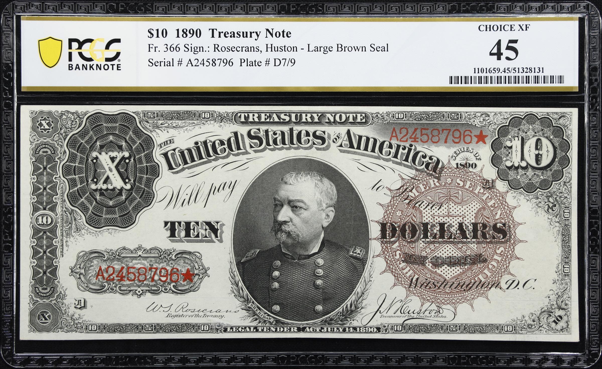 image for: Fr. 366. 1890 $10 Treasury Note. PCGS Banknote Choice Extremely Fine 45.