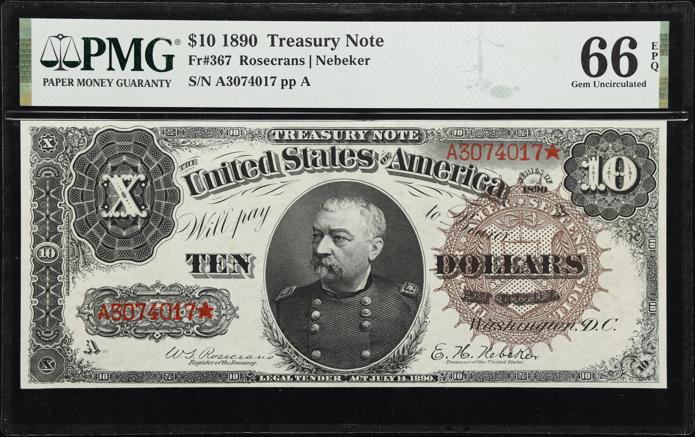 image for: Fr. 367. 1890 $10 Treasury Note. PMG Gem Uncirculated 66 EPQ.