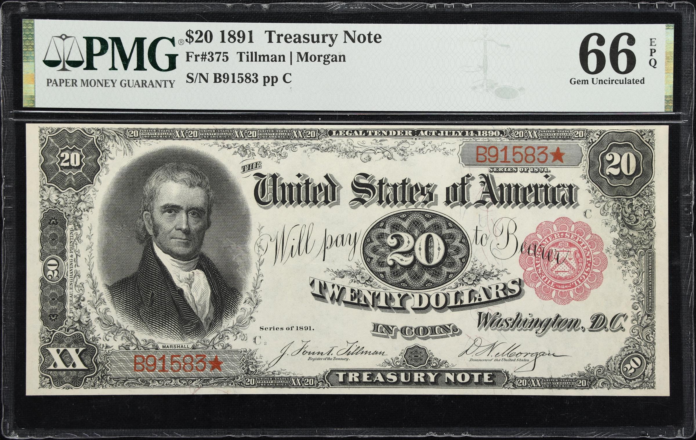 image for: Fr. 375. 1891 $20 Treasury Note. PMG Gem Uncirculated 66 EPQ.