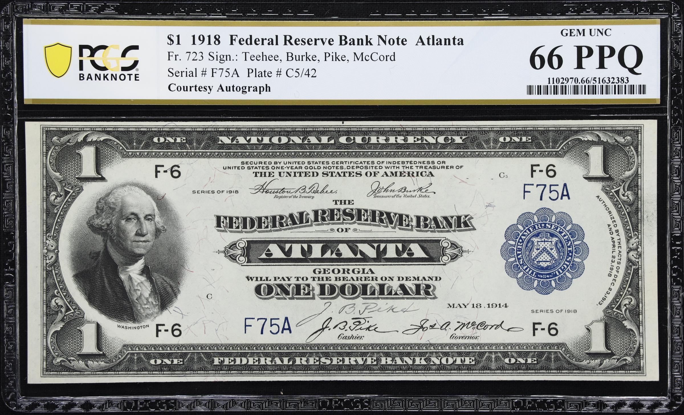 image for: Fr. 723. 1918 $1 Federal Reserve Bank Note. Atlanta. PCGS Banknote Gem Uncirculated 66 PPQ. Courtesy Autograph.