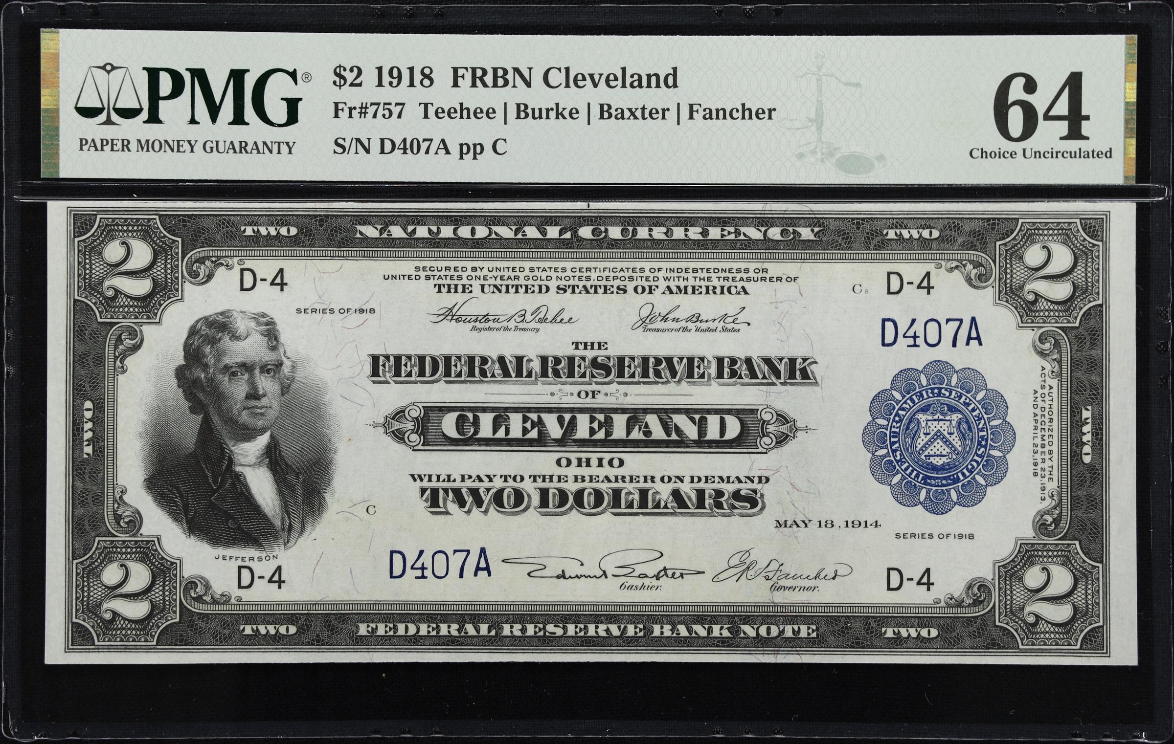 image for: Fr. 757. 1918 $2 Federal Reserve Bank Note. Cleveland. PMG Choice Uncirculated 64.