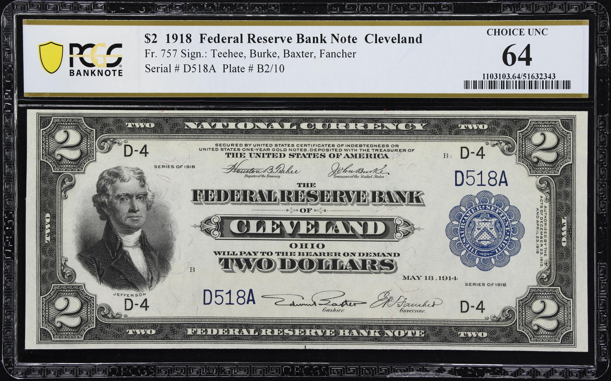 image for: Fr. 757. 1918 $2 Federal Reserve Bank Note. Cleveland. PCGS Banknote Choice Uncirculated 64.