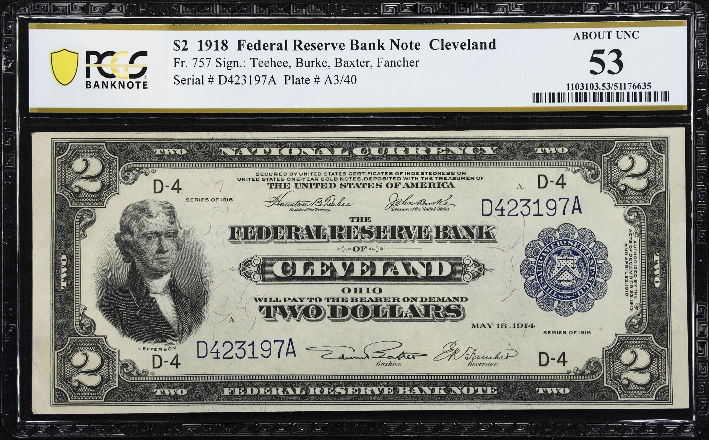 image for: Fr. 757. 1918 $2 Federal Reserve Bank Note. Cleveland. PCGS Banknote About Uncirculated 53.