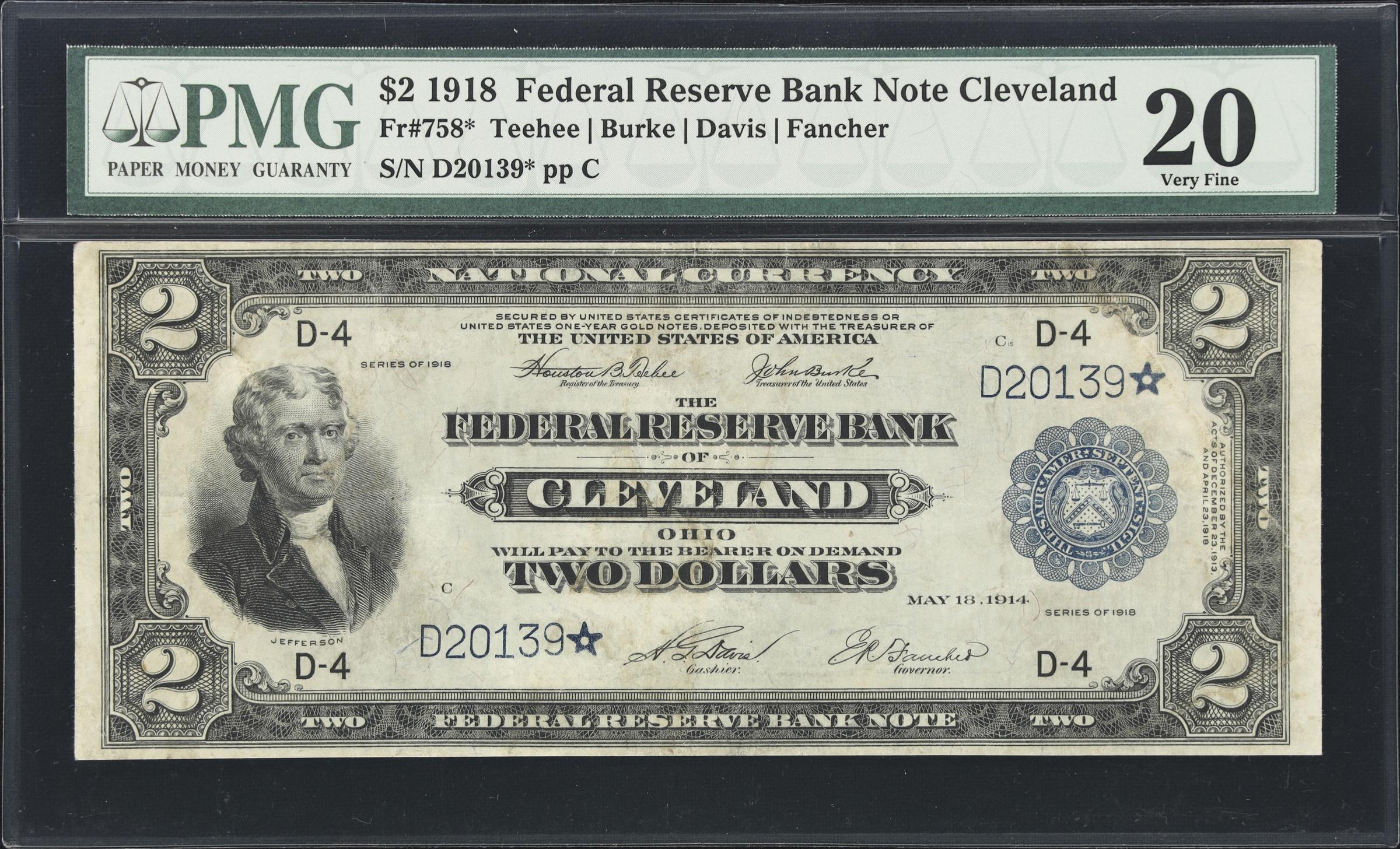 image for: Fr. 758*. 1918 $2 Federal Reserve Bank Star Note. Cleveland. PMG Very Fine 20.