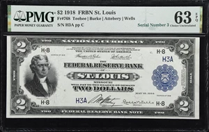 image for: Fr. 768. 1918 $2 Federal Reserve Bank Note. St. Louis. PMG Choice Uncirculated 63 EPQ. Serial Number 3.