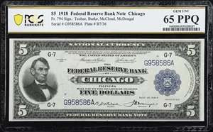 image for: Fr. 794. 1918 $5 Federal Reserve Bank Note. Chicago. PCGS Banknote Gem Uncirculated 65 PPQ.