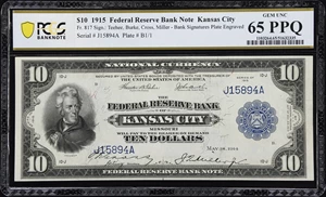 image for: Fr. 817. 1915 $10 Federal Reserve Bank Note. Kansas City. PCGS Banknote Gem Uncirculated 65 PPQ.