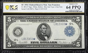 image for: Fr. 891a*. 1914 $5 Federal Reserve Star Note. San Francisco. PCGS Banknote Choice Uncirculated 64 PPQ.