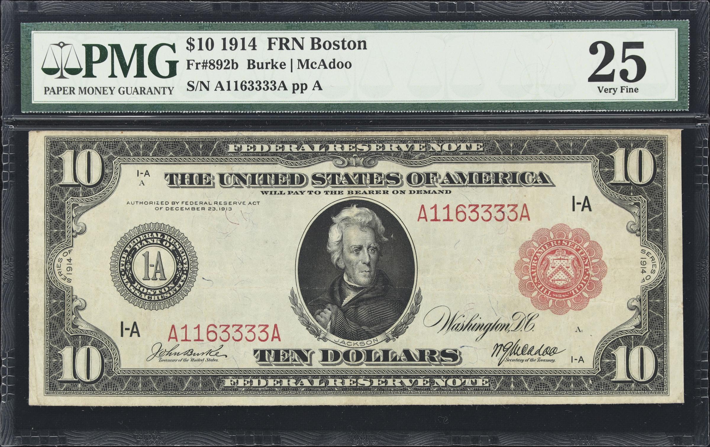 image for: Fr. 892b. 1914 Red Seal $10 Federal Reserve Note. Boston. PMG Very Fine 25.