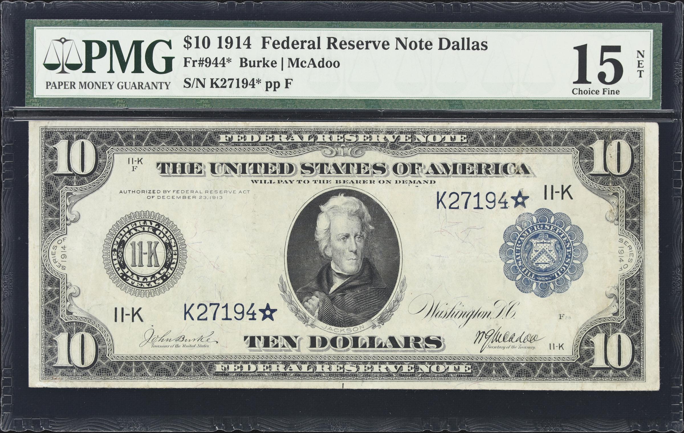 image for: Fr. 944*. 1914 $10 Federal Reserve Star Note. Dallas. PMG Choice Fine 15 Net. Small Repair, Rust.