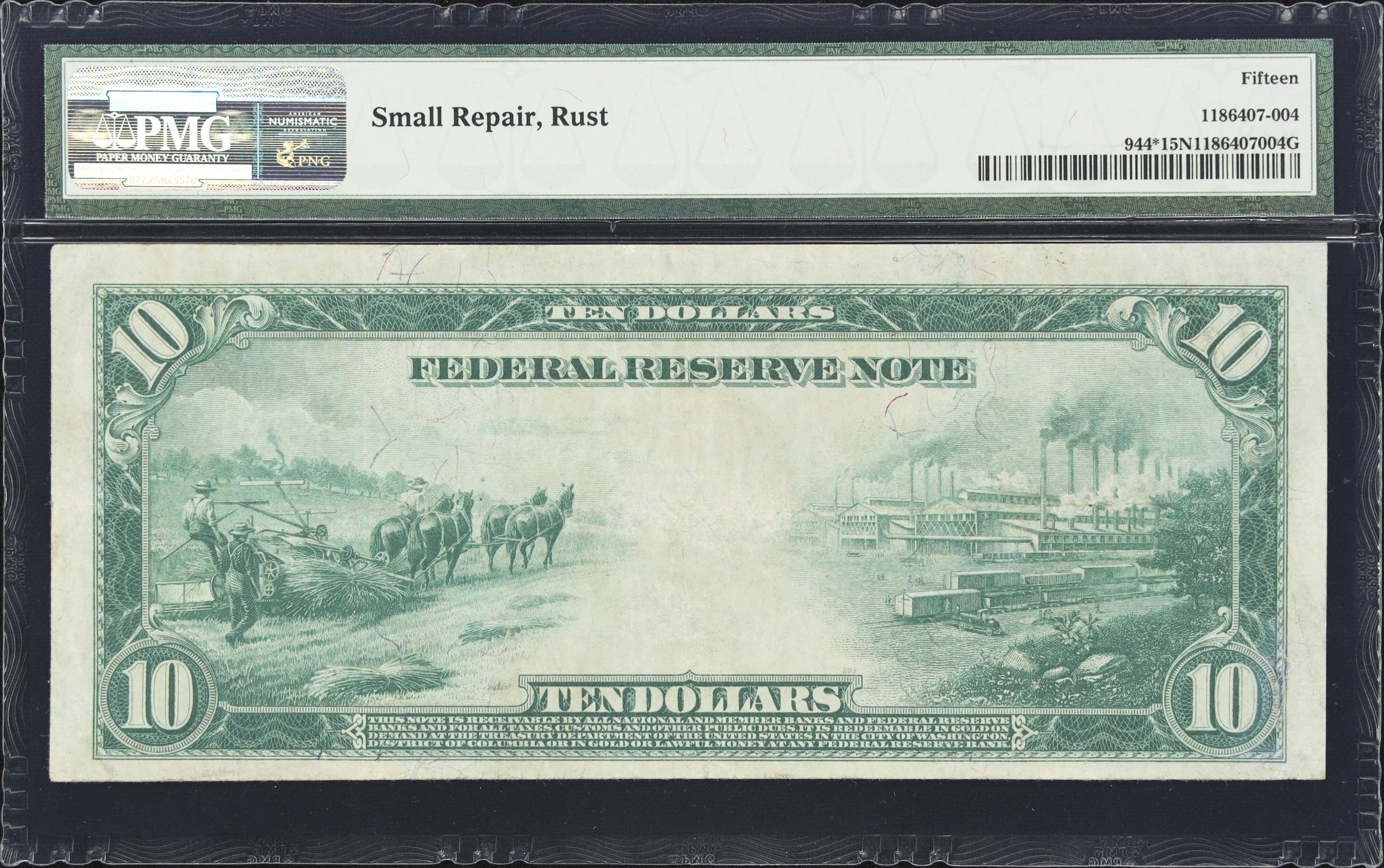 image for: Fr. 944*. 1914 $10 Federal Reserve Star Note. Dallas. PMG Choice Fine 15 Net. Small Repair, Rust.